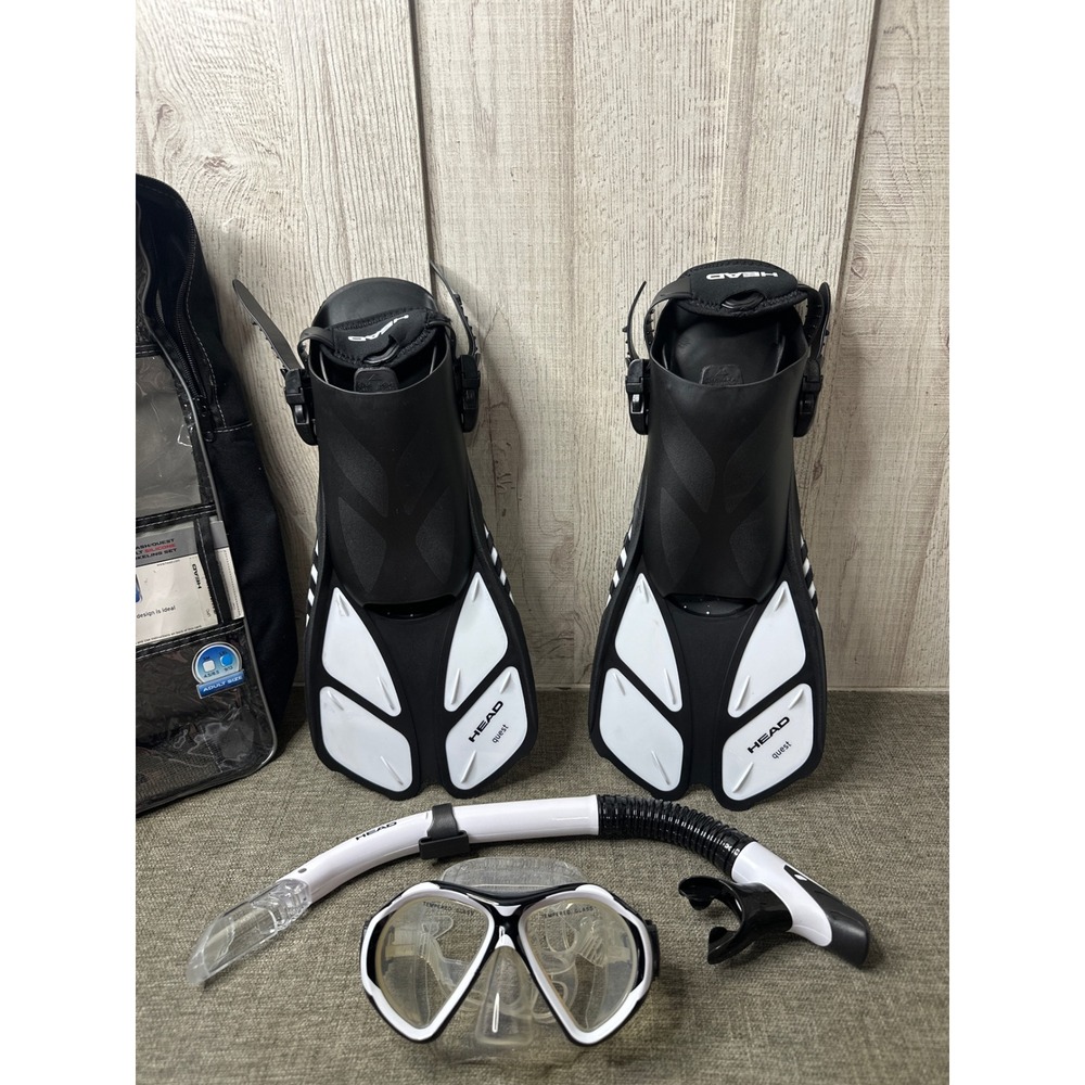 HEAD Quest Adult Silicone Snorkeling Set Black White Mask Fins Snorkel Bag L/XL - Picture 3 of 8